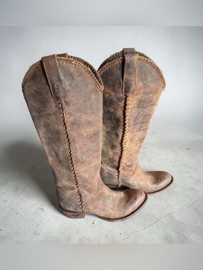 Lane Plain Jane Braided Distressed Classic Brown Leather Women's Western Boots